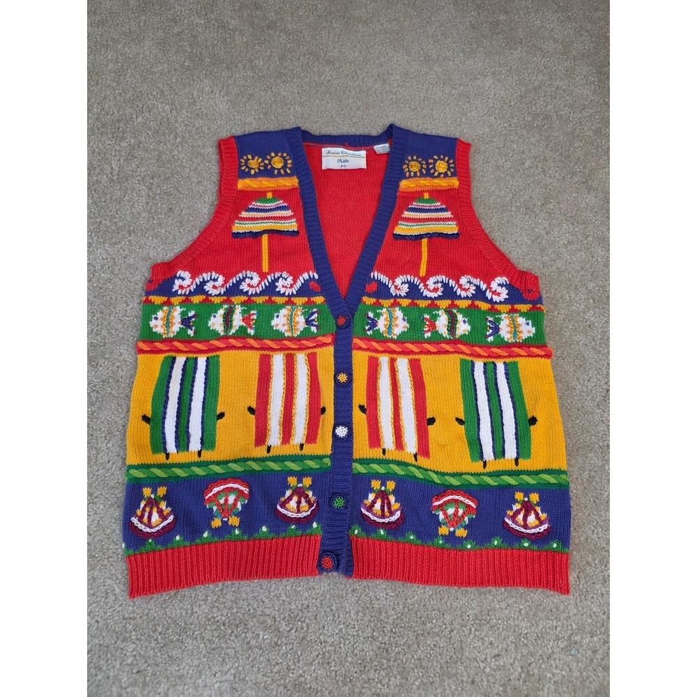 Marisa Christina Petite Vintage Beach Novelty Knit Sweater Vest Red PS